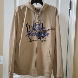 True Religion Beige Hoodie with Blue Script Buddha Graphic Size L NWT Large